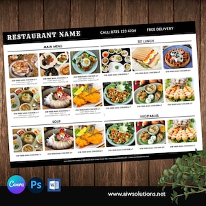 Plantilla de menú de comida callejera de Canva, menús elegantes, menú de comida con imágenes, plantilla de menú de restaurante, plantilla de menú de restaurante imprimible,