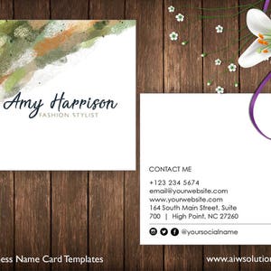 Plantilla de tarjeta de visita square, plantilla de tarjeta de nombre abstracto marrón verde, tarjeta de nombre del artista, tarjeta de visita mínima, tarjeta de nombre de acuarela- ID39