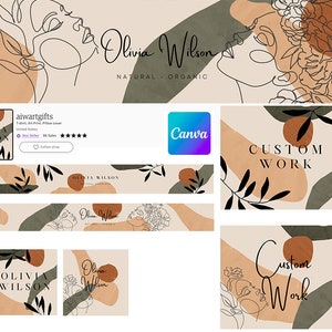 Peut inclure: Une illustration numérique d'un visage de femme avec des accents floraux. L'illustration est de style minimaliste avec des lignes noires et des formes abstraites brunes et vertes. Le texte "Olivia Wilson" est écrit en cursive sous l'illustration. Le texte "NATURAL - ORGANIC" est écrit sous le nom.