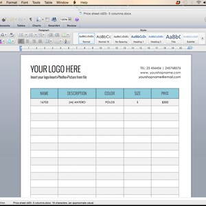 May include: A blank price sheet template with columns for name, description, color, size, and price. The sheet has a blue header row and is ready to be filled in with product information.