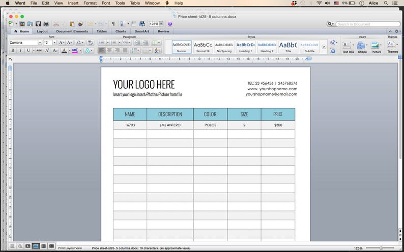 May include: A blank price sheet template with columns for name, description, color, size, and price. The sheet has a blue header row and is ready to be filled in with product information.