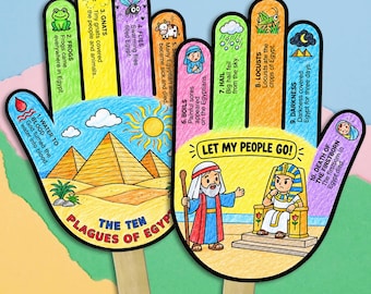 May include: Two hand-shaped paper fans featuring colourful illustrations of the Ten Plagues of Egypt. One fan shows pyramids and the sun, while the other depicts a figure standing before a ruler on a throne with the text LET MY PEOPLE GO.