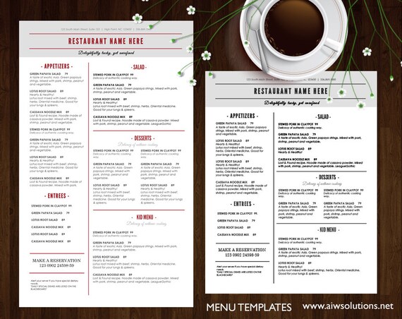 food menu templates printable restaurant menu template etsy