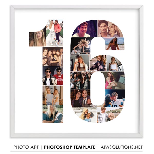 number 16 photo collage template, number sixteen shape , number photo collage, 16 year olds birthday gift idea