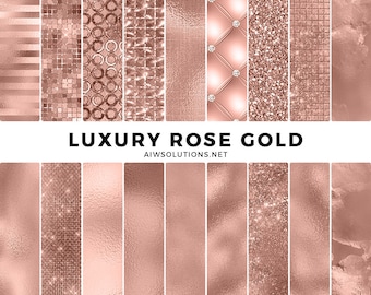 May include: A collection of 12 digital paper textures in rose gold. The textures include stripes, polka dots, glitter, and more.