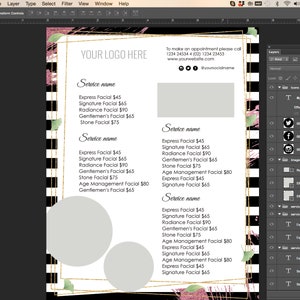 May include: A black and white striped background with gold accents and pink floral accents. The text "YOUR LOGO HERE" is at the top of the page. The text "Service name" is repeated three times with a list of facial services and prices underneath each. The text "To make an appointment please call 1234 245344 (02) 1234 23453 www.yourwebsite.com @yoursocialname" is in the top right corner.