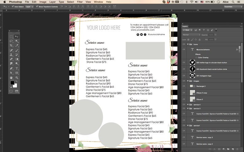 May include: A black and white striped background with gold accents and pink floral accents. The text "YOUR LOGO HERE" is at the top of the page. The text "Service name" is repeated three times with a list of facial services and prices underneath each. The text "To make an appointment please call 1234 245344 (02) 1234 23453 www.yourwebsite.com @yoursocialname" is in the top right corner.