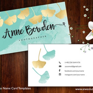 Ginkgo verlaat naam kaart, naam kaart sjabloon, fotografie naam kaart, telefoonkaarten, DIY visitekaartjes, ginkgo verlaat goud