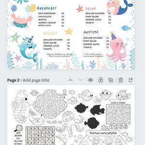 Puede incluir: Un men&uacute; infantil imprimible con un dise&ntilde;o de tem&aacute;tica marina. El men&uacute; presenta una variedad de opciones de desayuno, postre y bebidas. El men&uacute; tambi&eacute;n incluye una secci&oacute;n para art&iacute;culos en cualquier momento. El men&uacute; est&aacute; decorado con lindas ilustraciones de criaturas marinas, incluyendo un pulpo, un narval y un cangrejo.