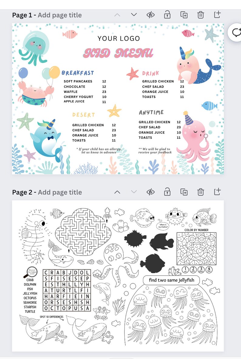 Puede incluir: Un men&uacute; infantil imprimible con un dise&ntilde;o de tem&aacute;tica marina. El men&uacute; presenta una variedad de opciones de desayuno, postre y bebidas. El men&uacute; tambi&eacute;n incluye una secci&oacute;n para art&iacute;culos en cualquier momento. El men&uacute; est&aacute; decorado con lindas ilustraciones de criaturas marinas, incluyendo un pulpo, un narval y un cangrejo.