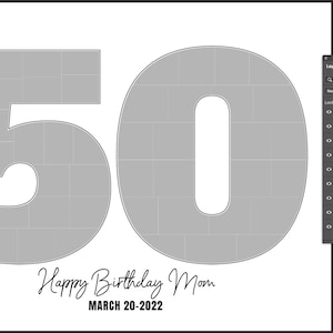 May include: A digital collage template featuring the number 50 composed of multiple grey rectangular photo slots on a white background. Below the number, the text reads Happy Birthday Mom and MARCH 20-2022. A software layer panel is visible on the right.