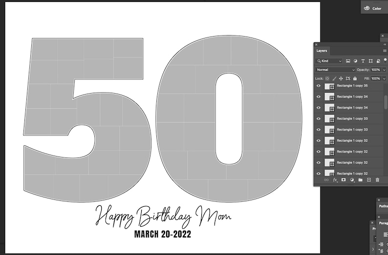 May include: A digital collage template featuring the number 50 composed of multiple grey rectangular photo slots on a white background. Below the number, the text reads Happy Birthday Mom and MARCH 20-2022. A software layer panel is visible on the right.