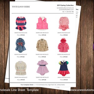 May include: A wholesale line sheet template for a clothing company featuring a variety of children's clothing items, including dresses, jackets, and sweaters. The items are all decorated with Swarovski necklaces.