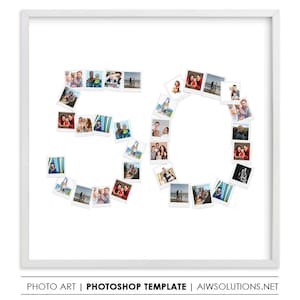 May include: A white framed wall art piece featuring numerous small square photographs arranged to form the number 50. Each individual photo displays various people in different settings, creating a collage effect within a clean white border.