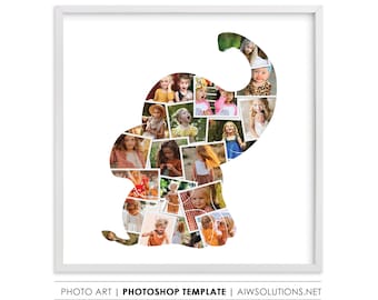 Cute elephant photo collage template, Baby elephant photo collage, elephant birthday frame, animal  frame template, animal shape