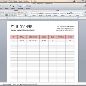 May include: A blank price sheet template with columns for ID, name, description, color, size, wholesale, and retail. The template is in a Microsoft Word document.
