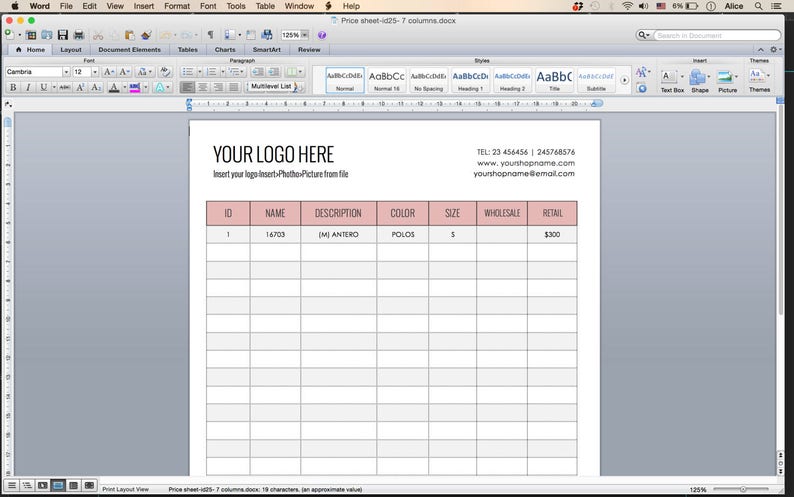 May include: A blank price sheet template with columns for ID, name, description, color, size, wholesale, and retail. The template is in a Microsoft Word document.