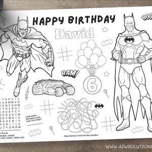 Op de afbeelding: Een zwart-witte kleurplaat met Batman. De pagina bevat een woordzoeker, een doolhof en een verjaardagsslogan die zegt "Happy Birthday David".