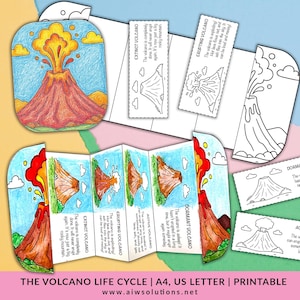 Life cycle of a volcano – Cut, Color, Fold Activity, STEM crafts for kids, volcano science craft play and learn