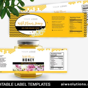 May include: A yellow and white label template for honey jars. The label features a honeycomb pattern, a bee, and the text "Wild Flower Honey 100% Pure Organic Honey".