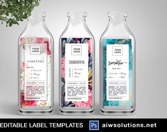 watercolour flowerlabel template, packaging template, Oils  label, Fragrance Skin Care label,blue marble label template, sticker template