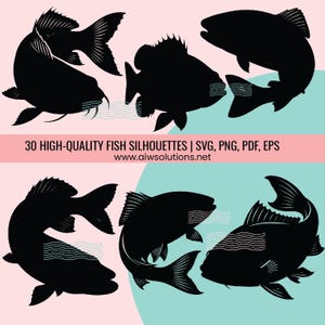 30 Fish Silhouette SVG Bundle | Bass Trout Catfish Tuna Marlin | Fishing Clipart SVG | Cricut Silhouette Cut Files | Digital Download