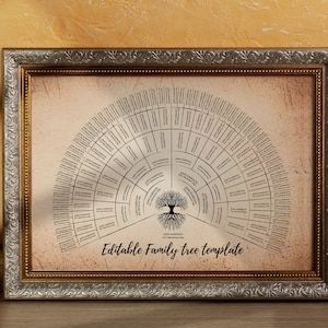 K&ouml;nnte beinhalten: Eine gerahmte, druckbare Familienstammbaumvorlage mit einem Vintage-Hintergrund. Die Vorlage zeigt einen gro&szlig;en Baum mit &Auml;sten, die sich zu einer kreisf&ouml;rmigen Form ausbreiten. Der Text "Editable Family Tree Template" ist unten auf der Vorlage gedruckt.