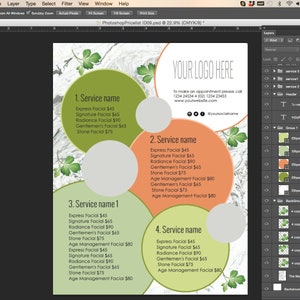 May include: A price list for facial services with four different service options. Each service option is displayed in a circle with a green, orange, or gray background. The circles are surrounded by a marble-like background with green leaves. The text "YOUR LOGO HERE" is at the top of the price list.