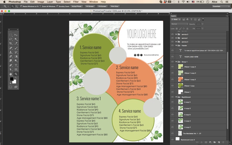 May include: A price list for facial services with four different service options. Each service option is displayed in a circle with a green, orange, or gray background. The circles are surrounded by a marble-like background with green leaves. The text "YOUR LOGO HERE" is at the top of the price list.