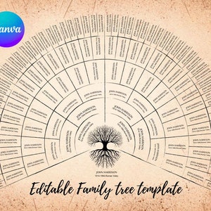 K&ouml;nnte beinhalten: Eine schwarz-wei&szlig;e Familienstammbaumvorlage mit einem Baumstamm und Wurzeln in der Mitte. Die Vorlage hat Platz f&uuml;r Namen und Daten. Der Text "Editierbare Familienstammbaumvorlage" befindet sich am unteren Rand des Bildes.