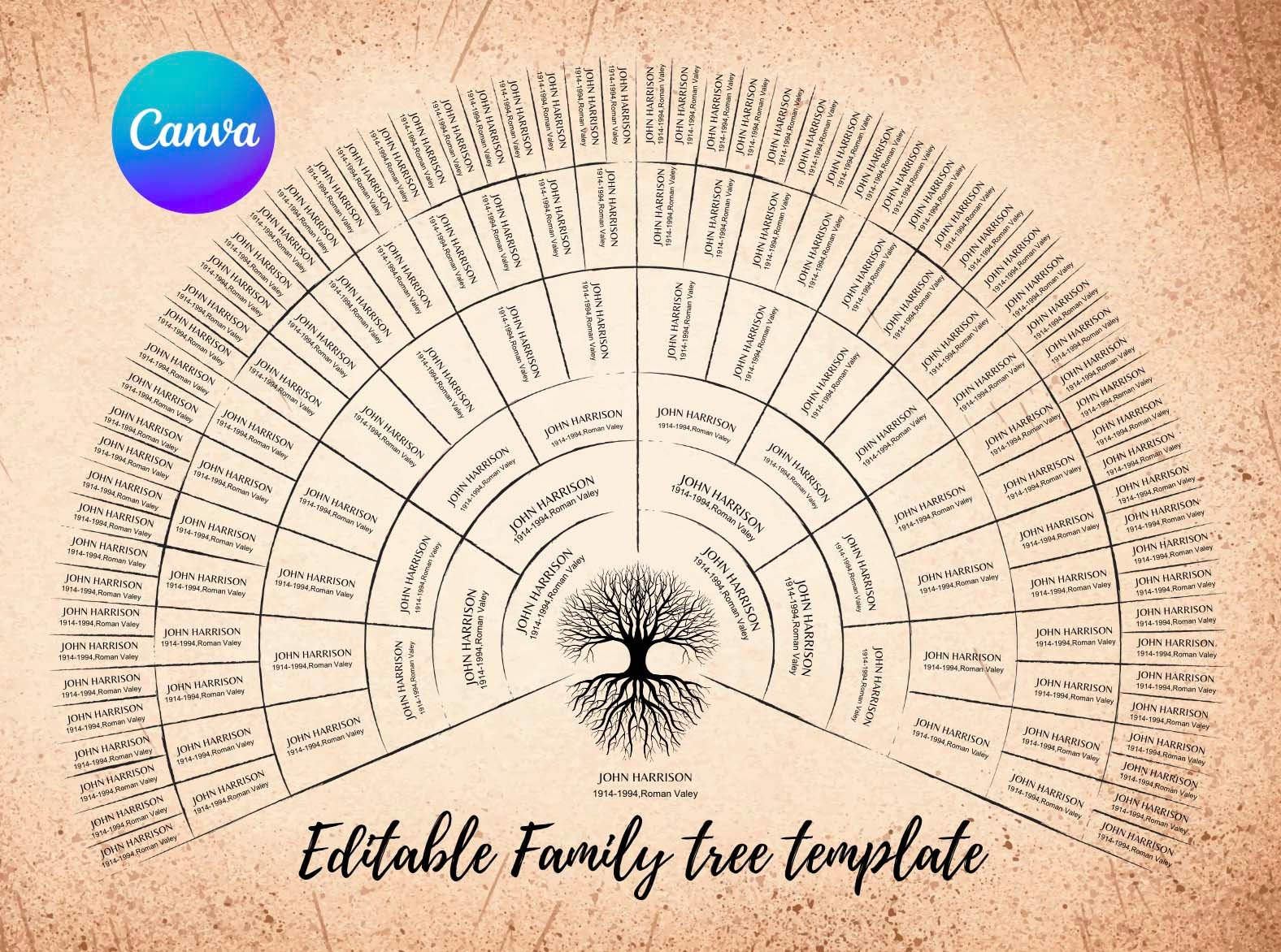 7-generation Family Tree Template: Editable Genealogy Fan Chart (canva ...