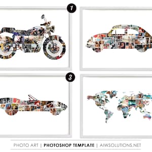 Fotocollage in de vorm van een wereldkaart, retro auto fotocollage, klassieke auto fotocollage, fotocollage motorrijder, vintage auto vorm, motorfiets vorm