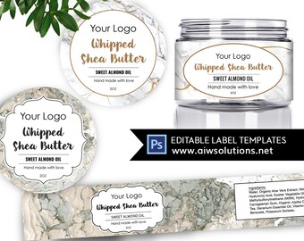 May include: Three different label designs for whipped shea butter with a marble background and gold accents. The labels feature the text "Your Logo", "Whipped Shea Butter", "Sweet Almond Oil", and "Hand made with love".