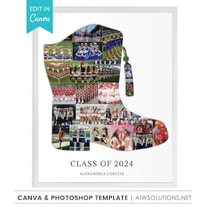 May include: A white framed collage template shaped like a cowboy boot, filled with various photographs of cheerleaders in blue and white uniforms. The text CLASS OF 2024 and ALEXANDRIA CORLISS is printed in black at the bottom of the white poster.