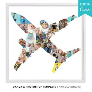 Peut inclure: Un cadre blanc carré contenant un collage de photos disposé en forme d'avion. Le collage présente de nombreux portraits individuels de nourrissons et de jeunes enfants dans divers environnements, tenues et poses, sur un fond blanc.