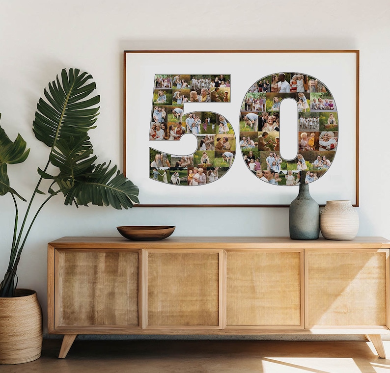 May include: A rectangular wall art print featuring a photo collage arranged in the shape of the number 50. The collage consists of numerous small, colorful photographs of people in various settings, framed within a thin brown wooden border.
