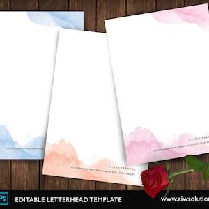 Modelo de papel timbrado pessoal, papel timbrado comercial, papel timbrado moderno, papel timbrado em aquarela, cartão de nota, papelaria para mulheres