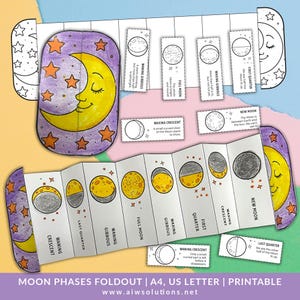 Manualidad de las fases de la luna, fases de la luna imprimibles, actividad lunar plegable, actividad lunar para educación en casa, PDF de las fases de la luna, plegable científico