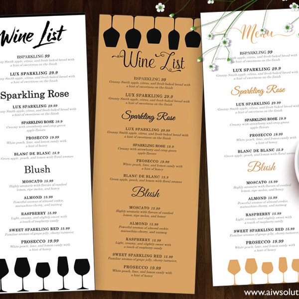 Canva Wine List, Wine Menu Template, Canva menu template, Drink Menu , Wedding Menu, Wine Menu Template, DIY Bar menu template ,Bar menu