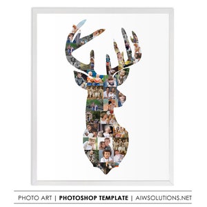 Deer head with antlers photo collage template, deer shape template, deer art gift, animal photo art gift, animal shape, animal print