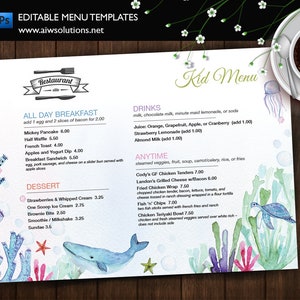Diseño de menú infantil Canva, menú de restaurante estilo bebé, estilo restaurante infantil, menú infantil, plantilla de menú de palabras marinas, menús infantiles, plantilla Canva