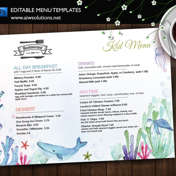 Canva Kids Menu Design, restaurant menu baby style, restaurant kid style, Kid menu, sea word menu template, Children’s Menus, Canva template