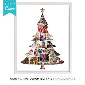 May include: A white framed collage template shaped like a Christmas tree, featuring multiple rectangular photo slots filled with various family portraits. A gold star sits at the top. The text EDIT IN Canva appears in a blue banner at the top left.