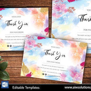 cartões de agradecimento em aquarela, cartão de agradecimento para loja on-line, cartão postal de agradecimento, cartão de cuidados, cartão de instruções, cartão de marketing