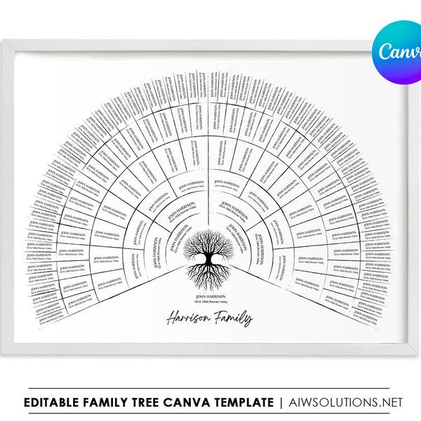 Canva family Tree 7 generations template, editable fan chart template, genealogy reunion, Modern Family Tree, modern genealogy