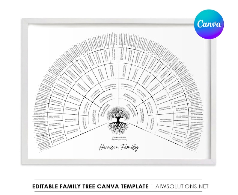 K&ouml;nnte beinhalten: Eine schwarz-wei&szlig;e druckbare Familienstammbaumvorlage in Form eines Baumes mit Wurzeln und &Auml;sten. Die Vorlage ist f&uuml;r die Verwendung mit Canva konzipiert und enth&auml;lt den Text "Harrison Family".