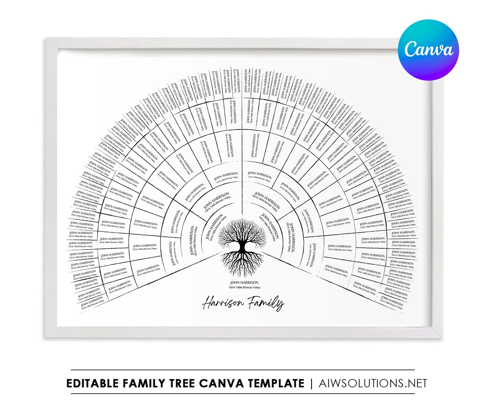 Canva Family Tree 7 Generations Template Editable Fan Chart