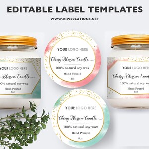 May include: Three candle jar labels with a watercolor background and gold glitter. The labels feature the text "YOUR LOGO HERE" and "Cherry Blossom Candle", along with the details "100% natural soy wax" and "Hand Poured 8oz".