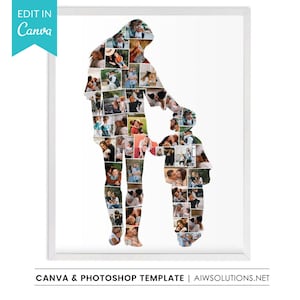May include: A white framed collage template featuring numerous small rectangular photographs arranged to form the silhouette of an adult holding a child's hand. The text EDIT IN Canva appears in a blue banner, with CANVA & PHOTOSHOP TEMPLATE | AIWSOLUTIONS.NET at the bottom.