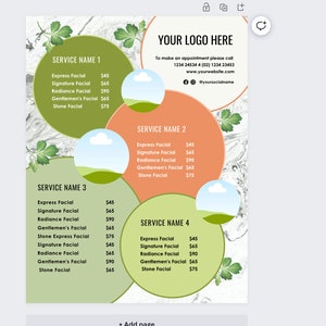 May include: A price list for facial services with four different service names. The price list is on a background with a marble pattern and green leaves. The text "YOUR LOGO HERE" is at the top of the price list.